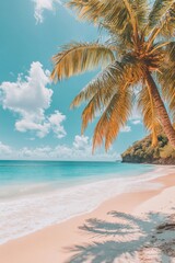 Naklejka premium Tropical beach paradise scene showcasing turquoise water palm trees and white sand under a clear blue sky offering a serene and idyllic vacation destination