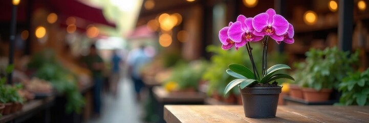 Single potted orchid, vivid hues, wooden market table, elegance, still life