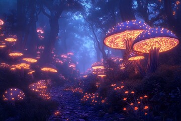 A magical forest with glowing mushrooms and luminescent trees, creating a surreal, fairy-tale atmosphere