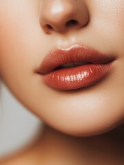 Fototapeta premium Close-up of woman�s lips touching glass straw with soft-focus background for beauty and skincare concepts