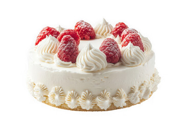A delightful creamy cake adorned with fresh raspberries, a perfect celebratory dessert, showcasing delicate frosting swirls against a bright white background.