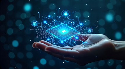 A glowing holographic AI circuit board hovers above an outstretched human hand, radiating futuristic energy. The intricate microchip design is interconnected with digital network
