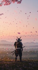 Samurai at Sunset: A Serene View of Cherry Blossoms