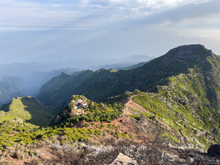Mountain refuge Casa do Pico Ruivo with panoramic trail view, Madeira Portugal