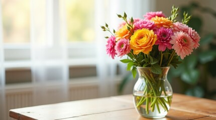 Fototapeta premium Close-up of a colorful bouquet in a glass vase, spring flowers, birthday, Mother's day