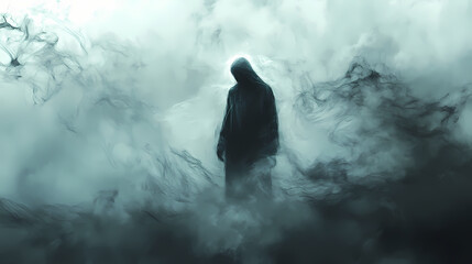 A shadowy figure shrouded in swirling mist evokes an aura of mystery and intrigue, inviting curiosity and anticipation. Shrouded Halo. Illustration