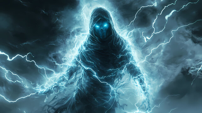 A spirit character shrouded in ethereal particle and lightning effects, creating a ghostly appearance. Shrouded Halo. Illustration