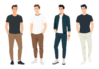 Obraz premium Minimalist Men s Street Style. Four men dressed in simple yet stylish streetwear outfits, featuring neutral colors and comfortable clothing.