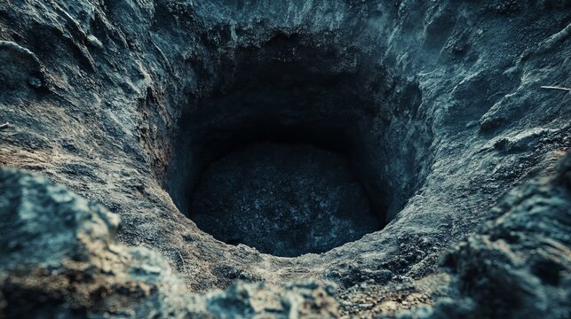 Deep dark hole in the ground stock photo nature abyss crater pitfall danger mystery geology exploration 100