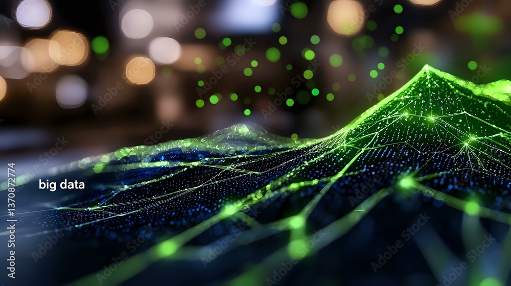 Poster abstract digital landscape with glowing green network connections and data points on dark background