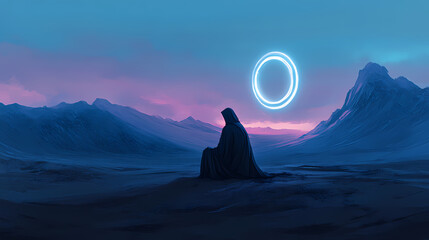 Solitary contemplation: a figure shrouded in solitude sits hunched, bathed in the cool hues of twilight, a glowing halo above a stark landscape reflects introspection. Shrouded Halo. Illustration