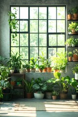 Obraz premium Serene Indoor Garden Oasis with Lush Green Plants by Window in Natural Light and Cement Wall Background