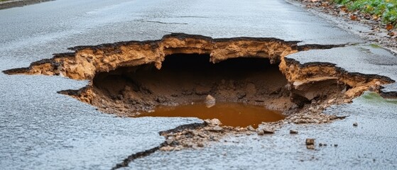 Dramatic close up of a large pothole in asphalt road surface showing erosion and damage after heavy rain highlighting infrastructure challenges