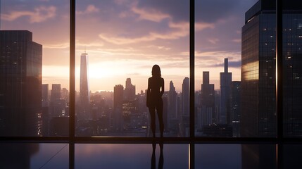 Fototapeta premium Confident businesswoman in modern office with panoramic city skyline view, powerful career concept