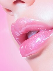 Fototapeta premium Close-up of woman�s lips with glossy pink lipstick, beauty and makeup concept in soft pastel background
