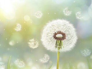 Dandelion Seed Head with Seeds Dispersing in the Wind