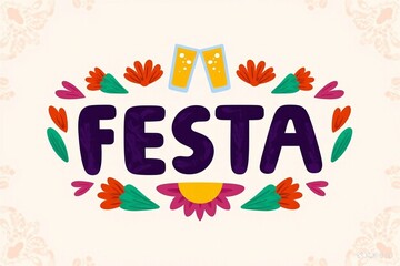The word "FESTA" is written in a bold, colorful font with Mexican elements and flowers around it. The background is light with some subtle floral patterns.