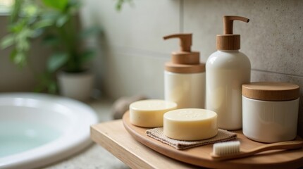 Natural skincare products on a wooden tray near a sink