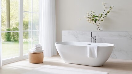 Fototapeta premium Modern, bright bathroom with soaking tub and garden view