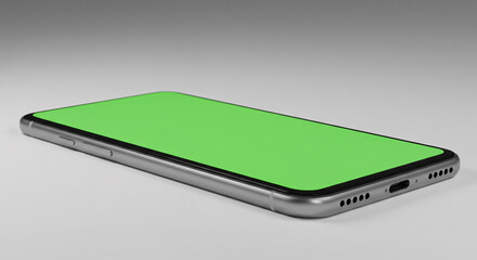 Silver Smartphone On White Surface With Green Screen Isolated Shot