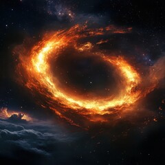 Obraz premium Fiery celestial ring of cosmic energy in vast space with swirling clouds and distant stars creating a dramatic and captivating scene