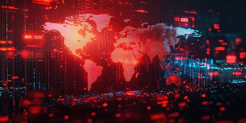 A digital map glowing with red trade war indicators, highlighting global economic tension. Background blurred with currency symbols and stock market crashes.
