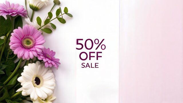 Floral Arrangement with Sale Announcement on White Background  