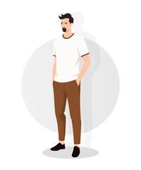 Minimalist Young Man in White Shirt and Brown Trousers with Hands in Pockets