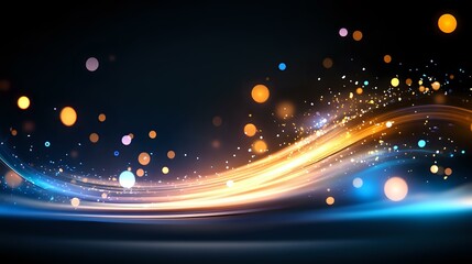 Fototapeta premium Abstract glowing wave with golden light trail and blue sparkles against dark background, magical bokeh effect and shining particles for festive designs.