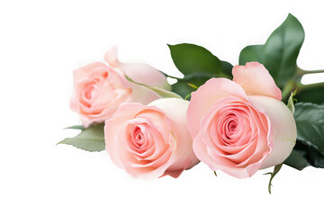 Naklejka premium Three blushing pink roses, a delicate bouquet symbolizing love and romance, softly lit against a pure white background.