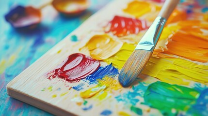 Fototapeta premium Colorful Artist Palette with Paints and Brush Displaying Vibrant Textures and Artistic Creativity