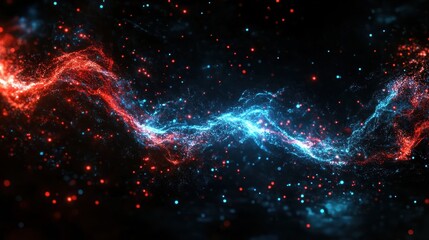 Fototapeta premium Dynamic cosmic energy field with radiant blue and red particles in a dark space background