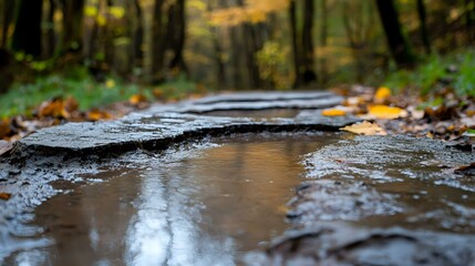 Fototapeta premium Wet stone path in autumn forest with fallen yellow leaves and puddle reflections creating peaceful natural scenery. Moody rainy weather atmosphere.