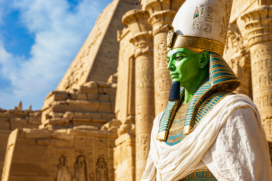 Ancient Egyptian god Osiris, in front of stone temple ruins