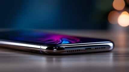 Modern smartphone with glossy screen reflecting vibrant purple and blue colors against dark background with soft bokeh lights, close-up side view showing sleek design.