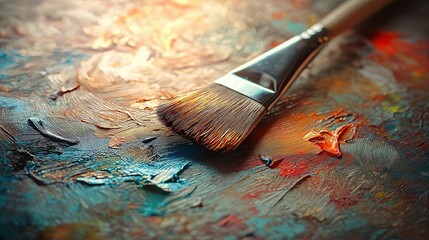 Fototapeta premium Artful Brush on Vibrant Palette with Colorful Paint Swirls and Textured Surface Background