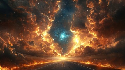 Fiery sky ablaze with stars and a vibrant galaxy. A road below is consumed by flames, creating a dramatic, otherworldly scene