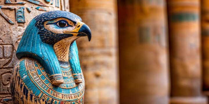 Statue of the Ancient Egyptian falcon-headed god Horus in stone temple, wide banner, copyspace