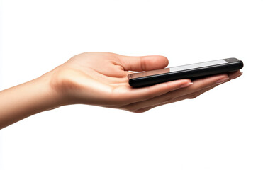 Woman hand holding mobile phone cell smartphone device technology communication gadget isolated on white