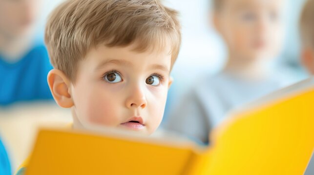 Naklejki Curious young boy reading a bright yellow book in a classroom setting filled with other children around him