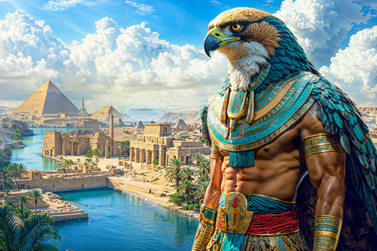 Horus, falcon-headed ancient Egyptian god of the sky, kingship, and the sun, Nile River and pyramid in background