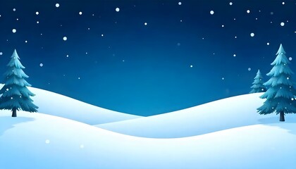 Naklejka premium Illustration of a winter landscape at night, featuring snow-covered hills under a dark blue sky filled with snowflakes