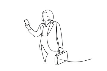 Businesswoman Single Line Art Phone, Briefcase, Modern Style