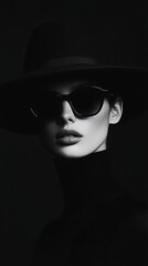 Monochrome studio shot of model with wide-brimmed hat and sunglasses, high-contrast 90s fashion photography with deep shadows