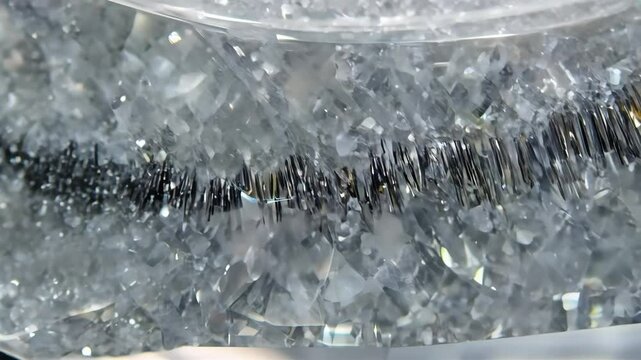Close-up of a transparent Tourmalinated Quartz filled with small, shiny granules and a dark, wavy object submerged within. The surface reflects light, creating a sparkling effect. 