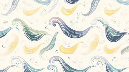 Abstract seamless pattern featuring retro wave designs in soft pastel tones of blue, yellow, and green on light background, evoking calming and nostalgic aesthetic