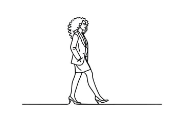 Walking Woman, Business Style, Curly Hair, Line Art, Dress, Heels, Side Profile, Elegant, Profession