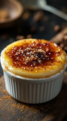 Luxurious dessert features creamy texture topped with caramelized sugar on a rustic wooden table