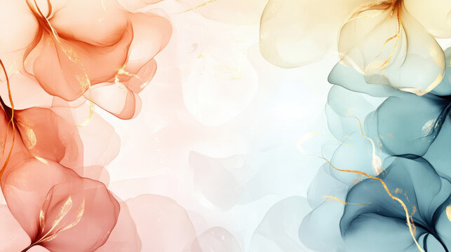 Delicate abstract floral design with soft red, blue, and golden hues, creating serene and elegant composition. translucent petals and fluid transitions evoke sense of calm and sophistication