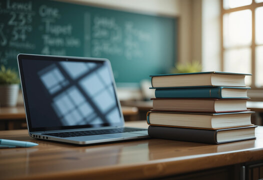Modern classroom scene featuring a laptop and stacked books on a wooden desk